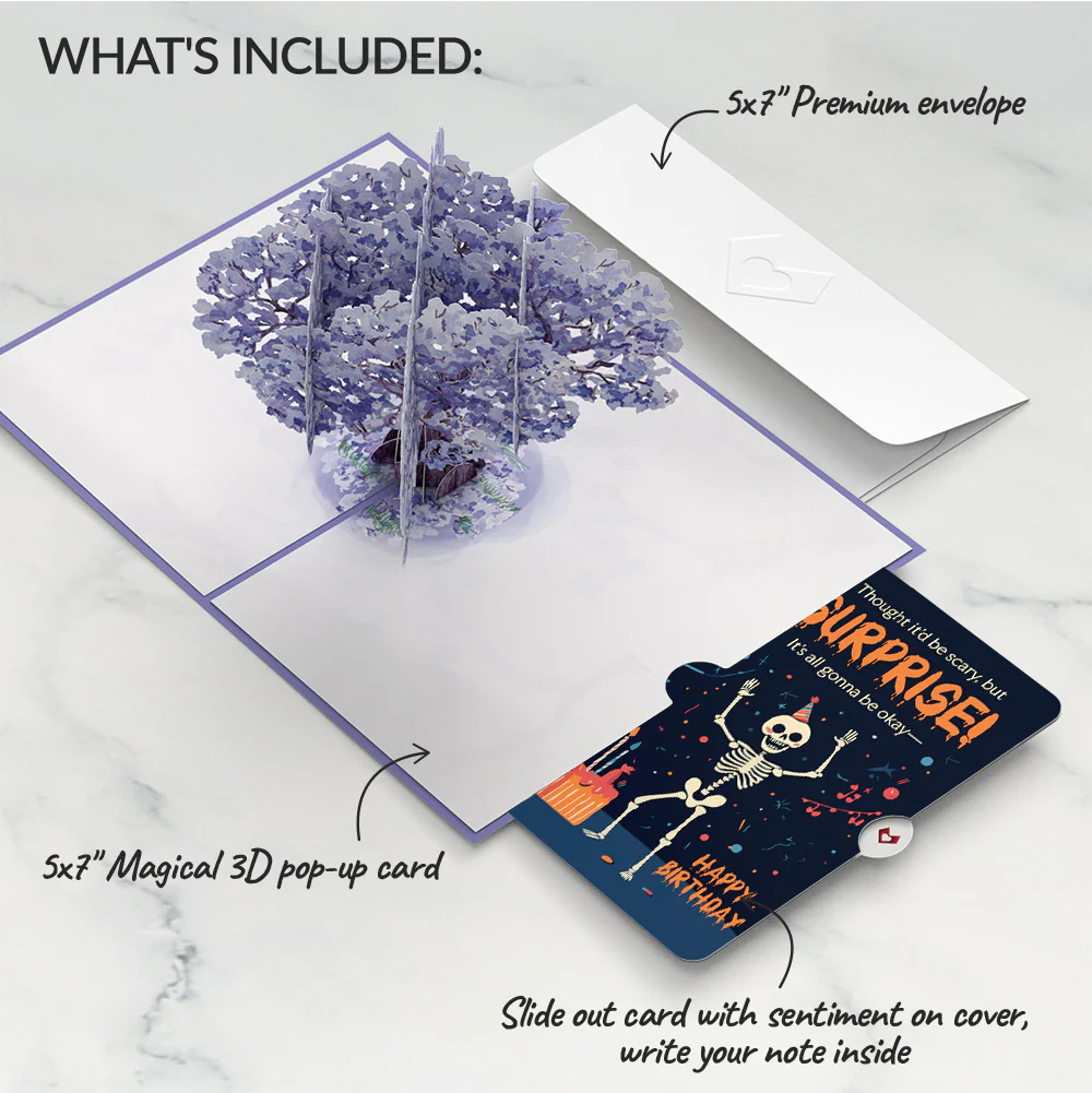 Watercolor Jacaranda Tree Birthday Pop-Up Card and Surprise Skeleton Sentiment Set - Image 2