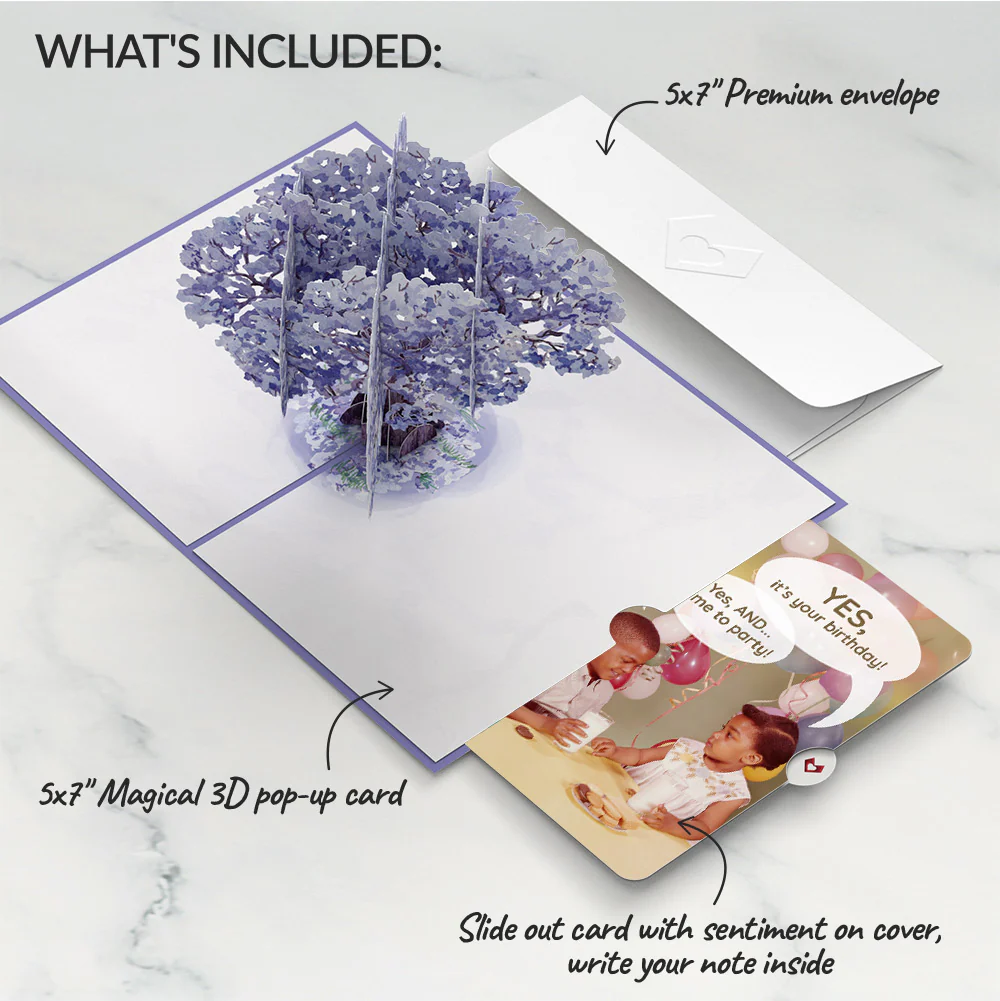 Watercolor Jacaranda Tree Birthday Pop-Up Card and Time to Party Sentiment Set - Image 2