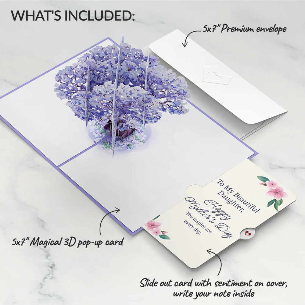 Watercolor Jacaranda Tree Mother's Day Pop-Up Card and Sentiment Set for Daughter - Image 2