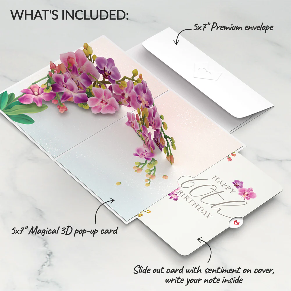 Watercolor Orchid 60th Birthday Pop-Up Card and Sentiment Set - Image 2
