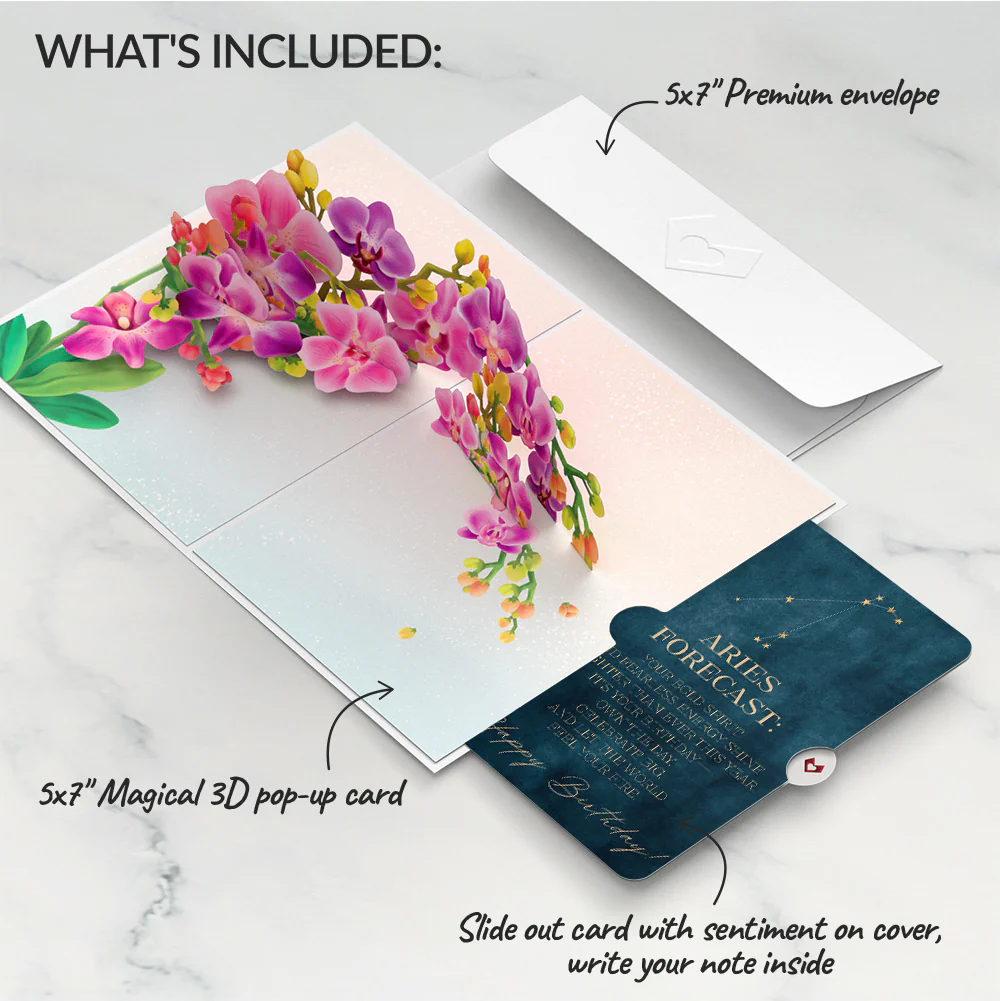 Watercolor Orchid Birthday Pop-Up Card and Aries Zodiac Sentiment Set - Image 2
