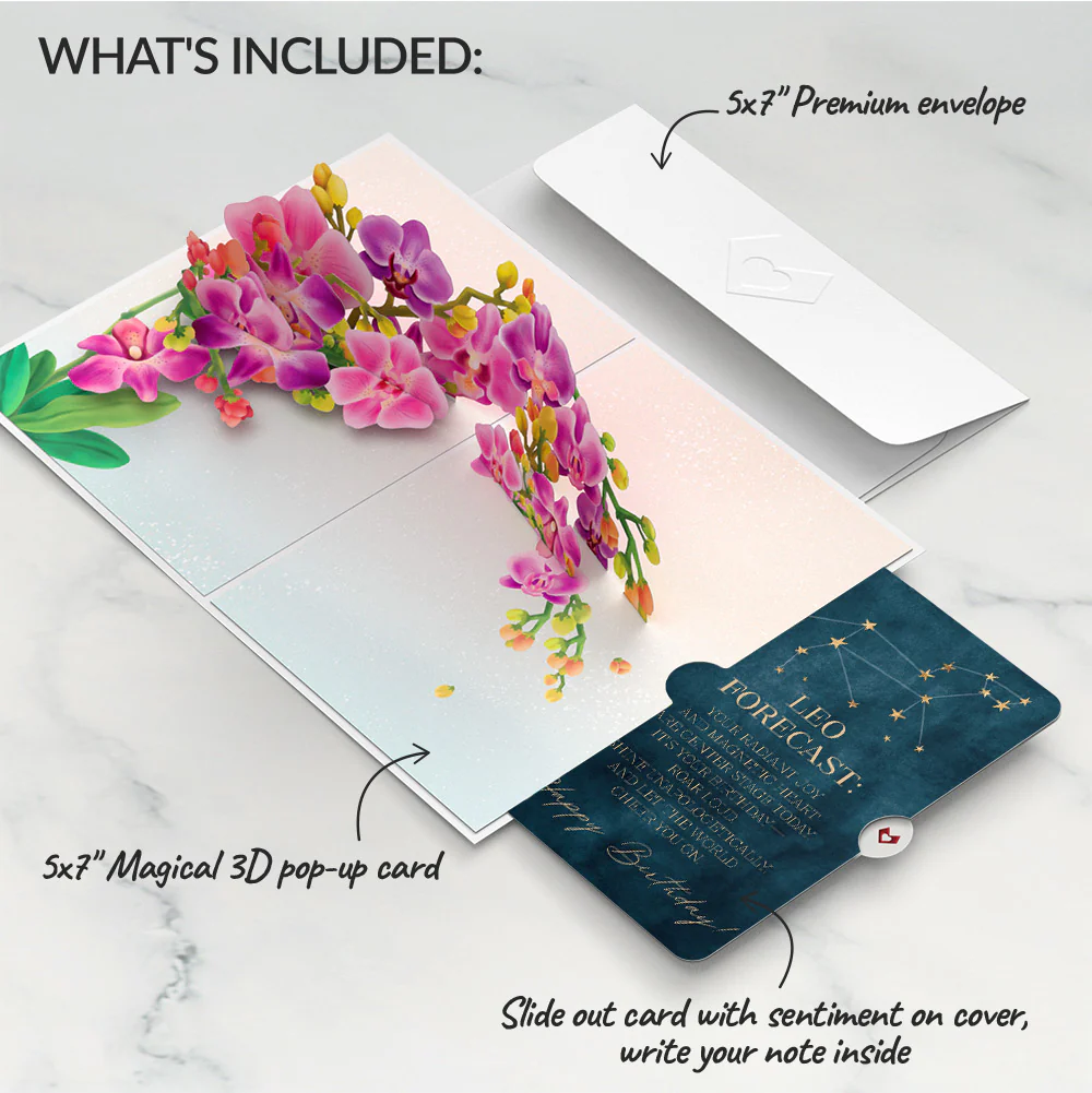 Watercolor Orchid Birthday Pop-Up Card and Leo Zodiac Sentiment Set - Image 2
