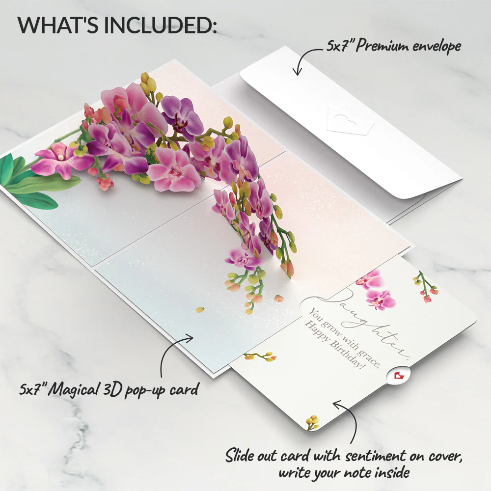 Watercolor Orchid Birthday Pop-Up Card and Sentiment Set for Daughter - Image 2