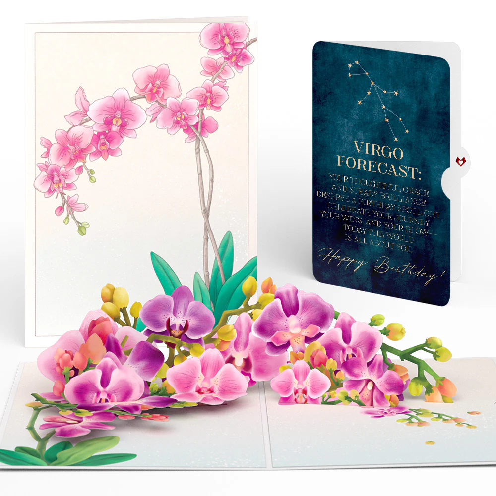 Watercolor Orchid Birthday Pop-Up Card and Virgo Zodiac Sentiment Set