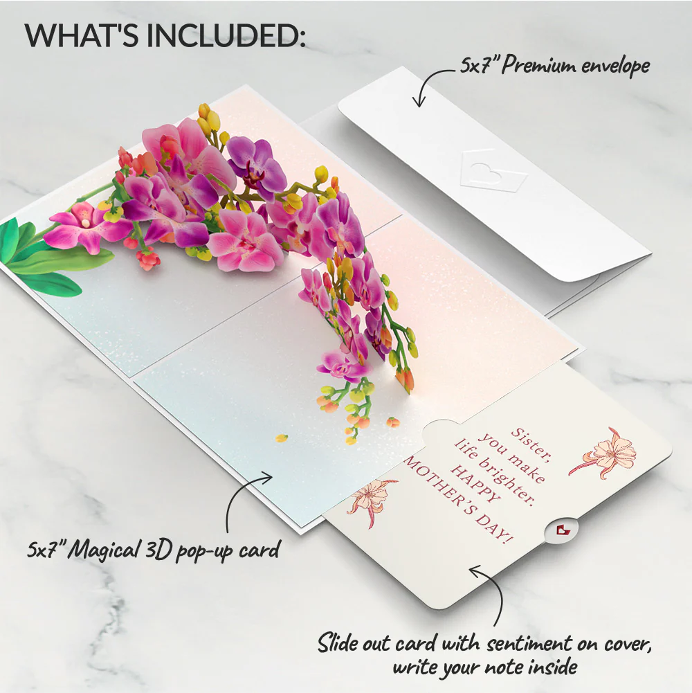 Watercolor Orchid Mother's Day Pop-Up Card and Sentiment Set for Sister - Image 2