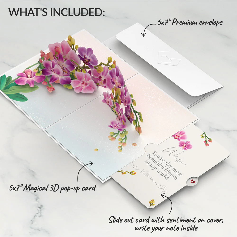 Watercolor Orchid Valentine Pop-Up Card and Sentiment Set for Wife - Image 2