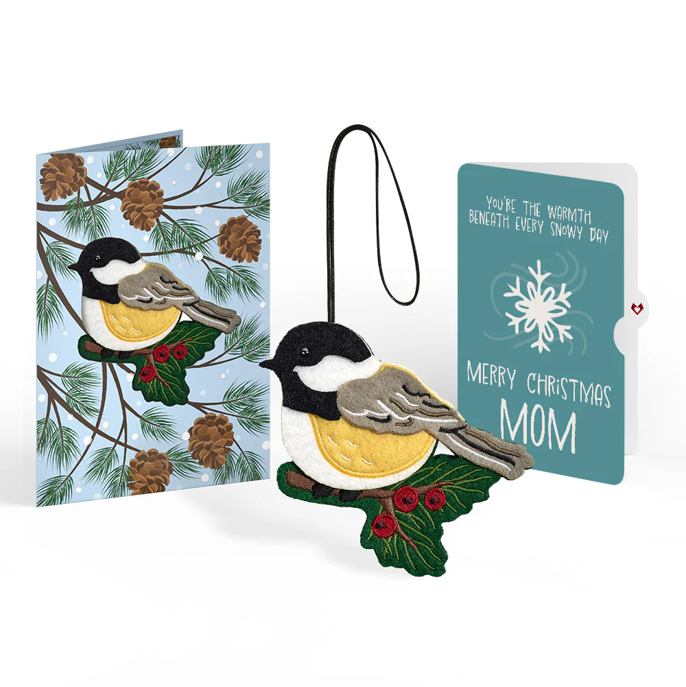 Winter Chickadee HeartFelt Charm Card™ and Snowflake Christmas Sentiment Set for Mom