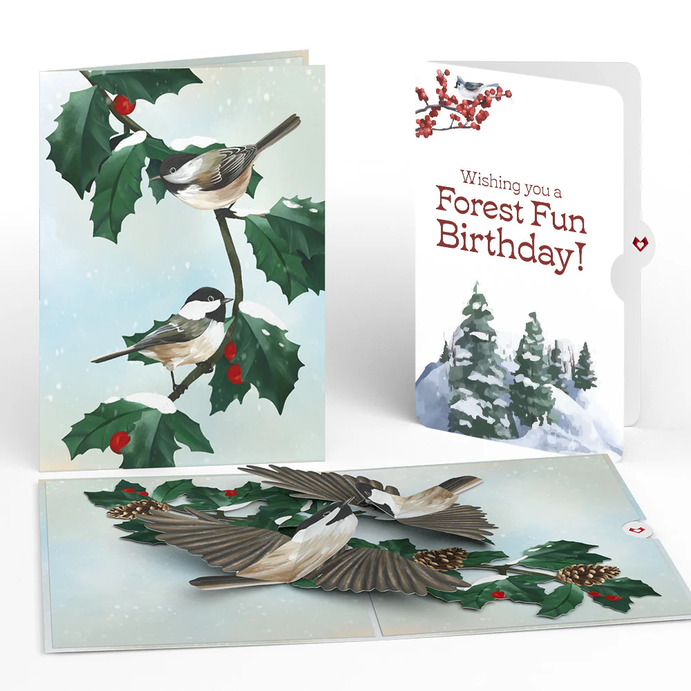 Winter Chickadees Birthday Pop-Up Card and Forest Fun Sentiment Set