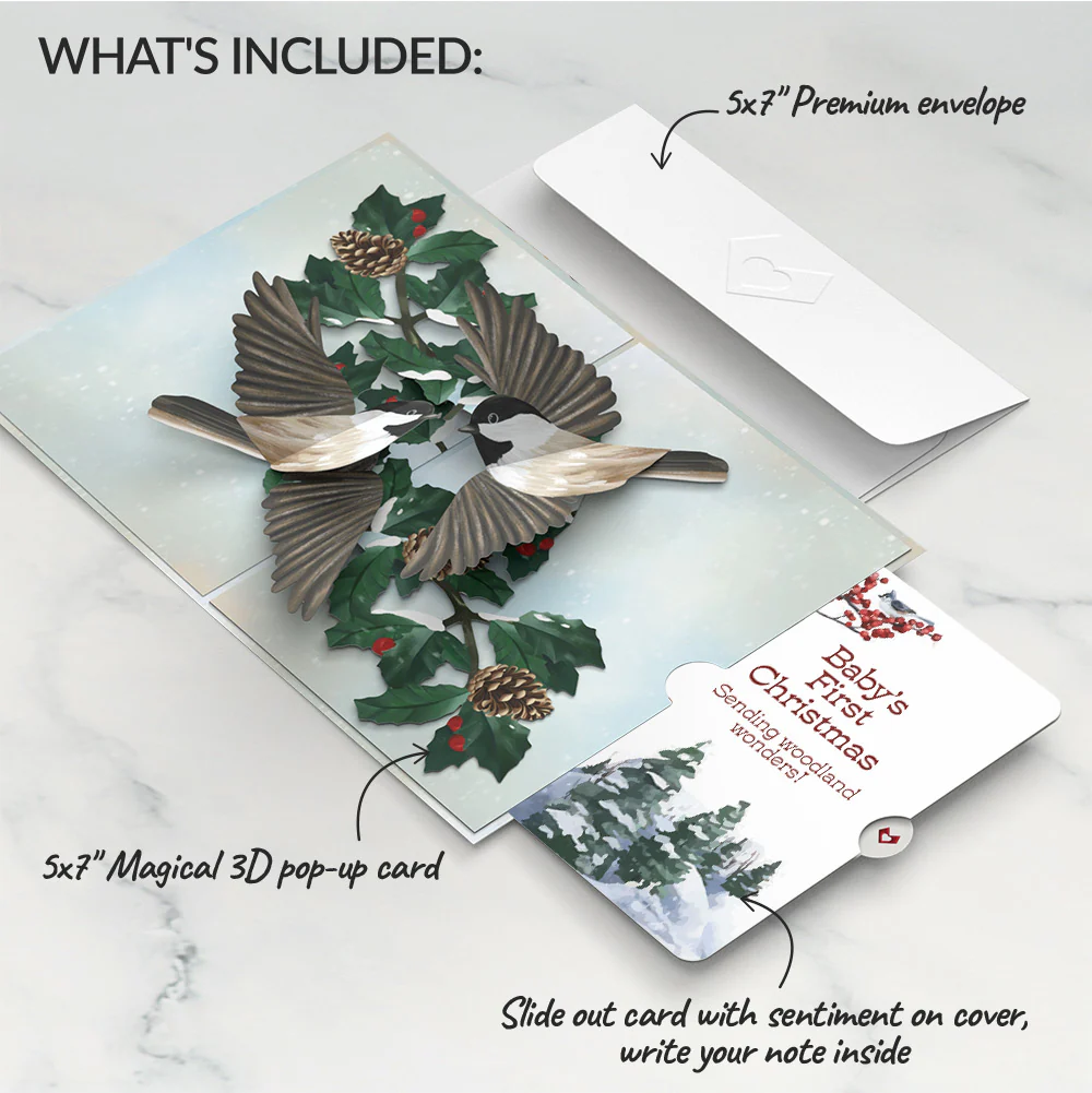 Winter Chickadees First Christmas Pop-Up Card and Sentiment Set for Baby - Image 2