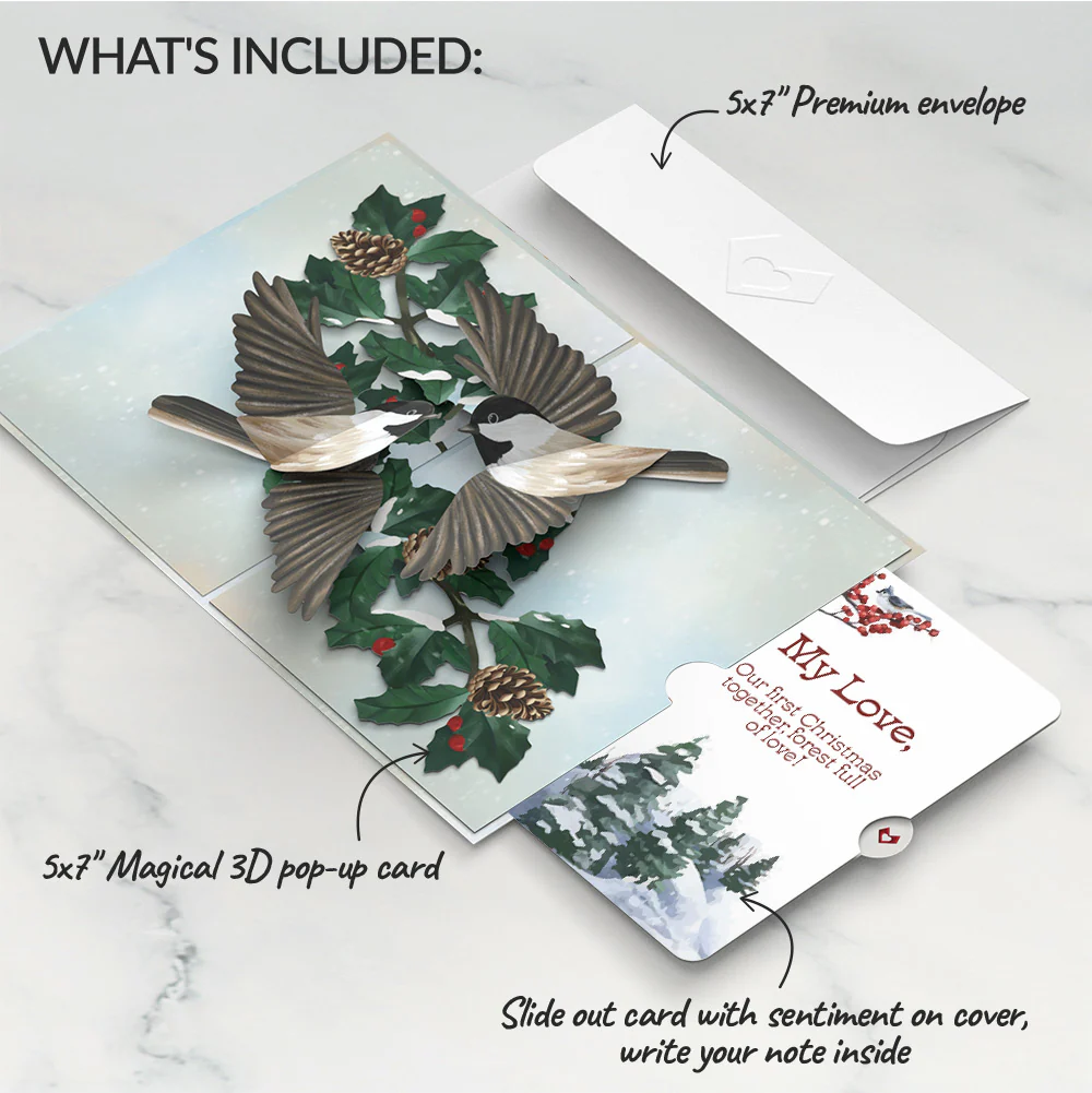 Winter Chickadees First Christmas Pop-Up Card and Sentiment Set for Partner - Image 2