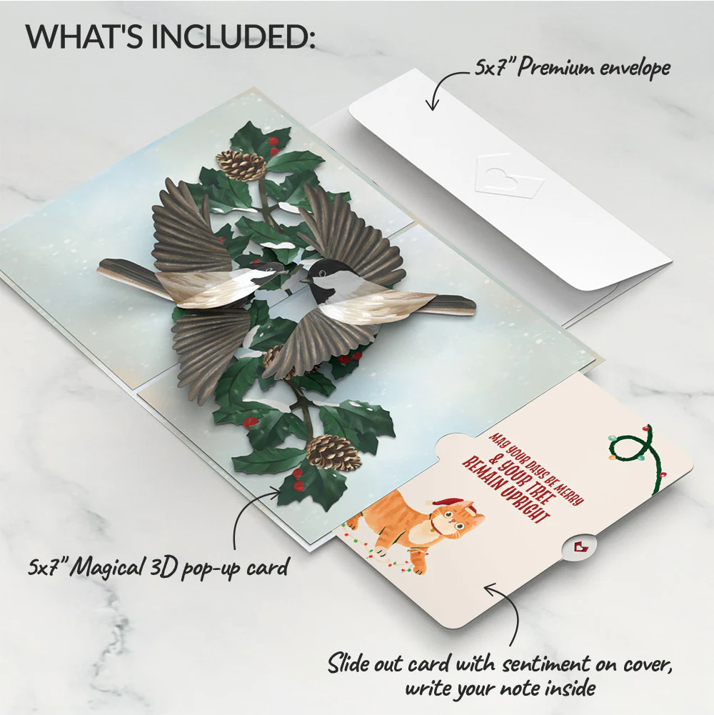 Winter Chickadees Pop-Up Card and Funny Cat Christmas Sentiment Set - Image 2