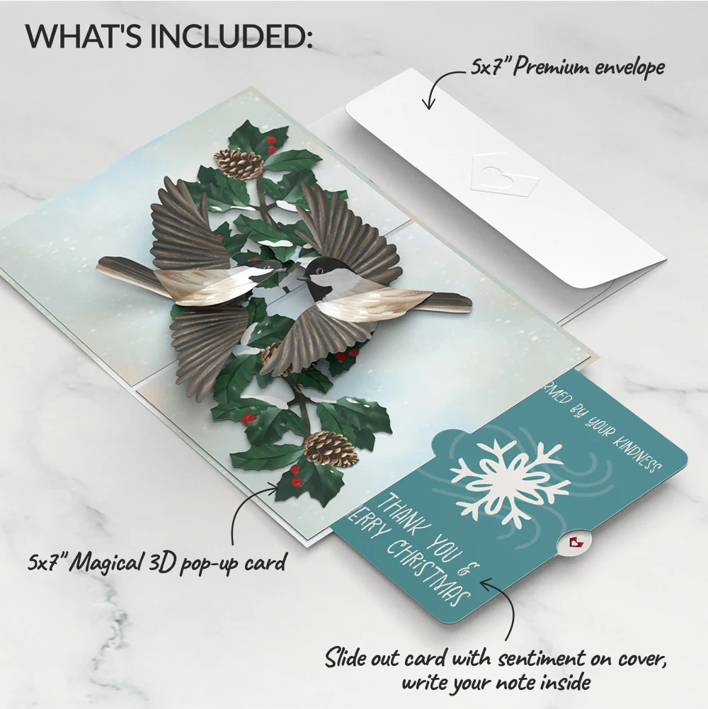 Winter Chickadees Pop-Up Card and Snowflake Kindness Christmas Sentiment Set - Image 2