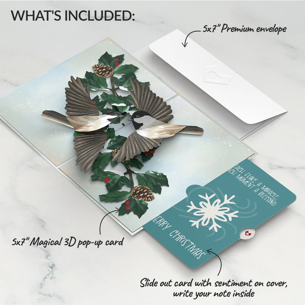 Winter Chickadees Pop-Up Card and Snowflake Christmas Sentiment Set - Image 2