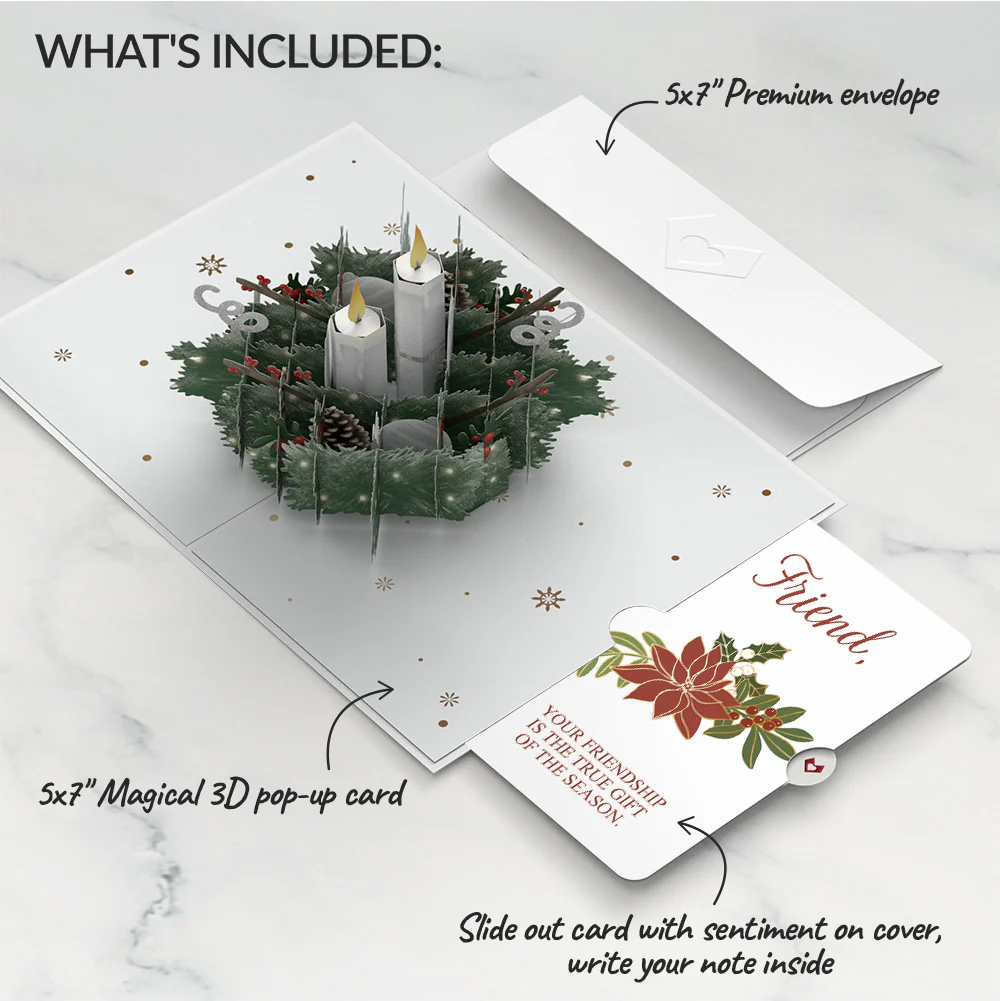 Winter Greens Christmas Candle Pop-Up Card and Poinsettia Sentiment Set for Friend - Image 2