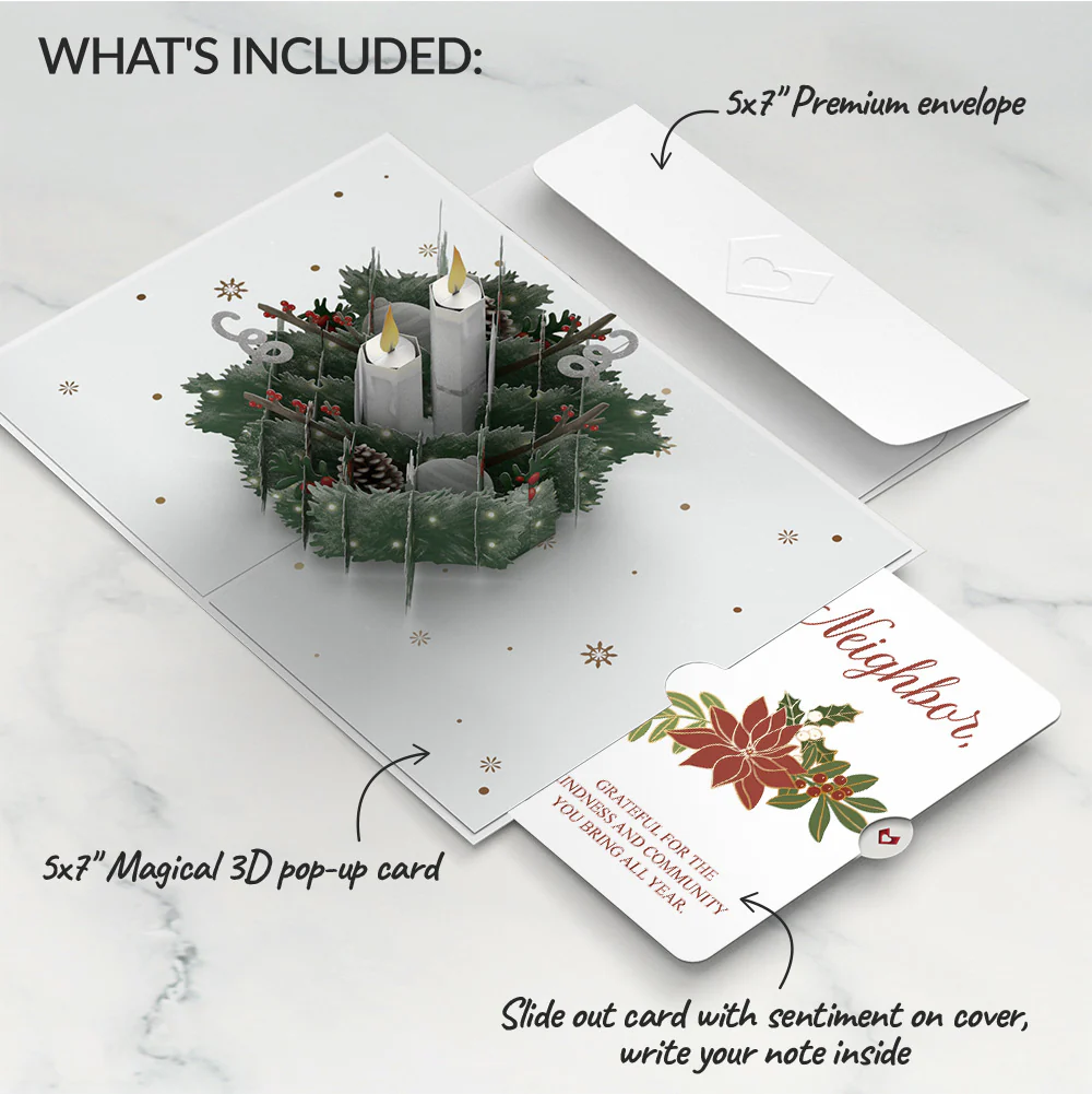 Winter Greens Christmas Candle Pop-Up Card and Poinsettia Sentiment Set for Neighbor - Image 2