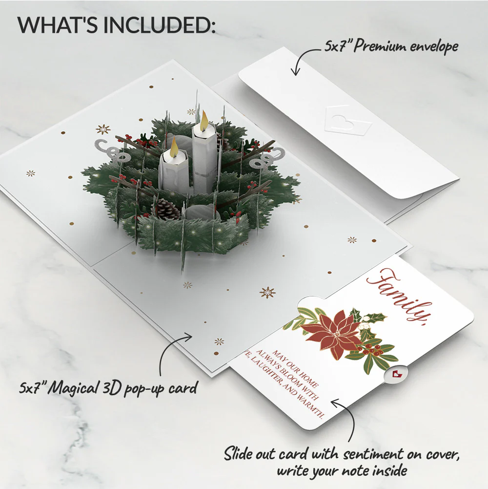 Winter Greens Christmas Candle Pop-Up Card and Poinsettia Blooming Love Sentiment Set for Family - Image 2