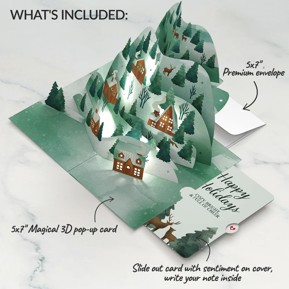 Winter Wishes Mountain Village Light-Up Pop-Up Card and Woodland Deer Happy Holidays Sentiment Set - Image 2