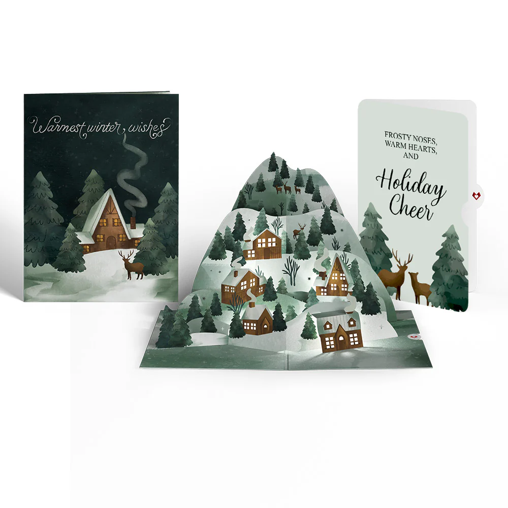 Winter Wishes Mountain Village Light-Up Pop-Up Card and Woodland Deer Holiday Cheer Sentiment Set