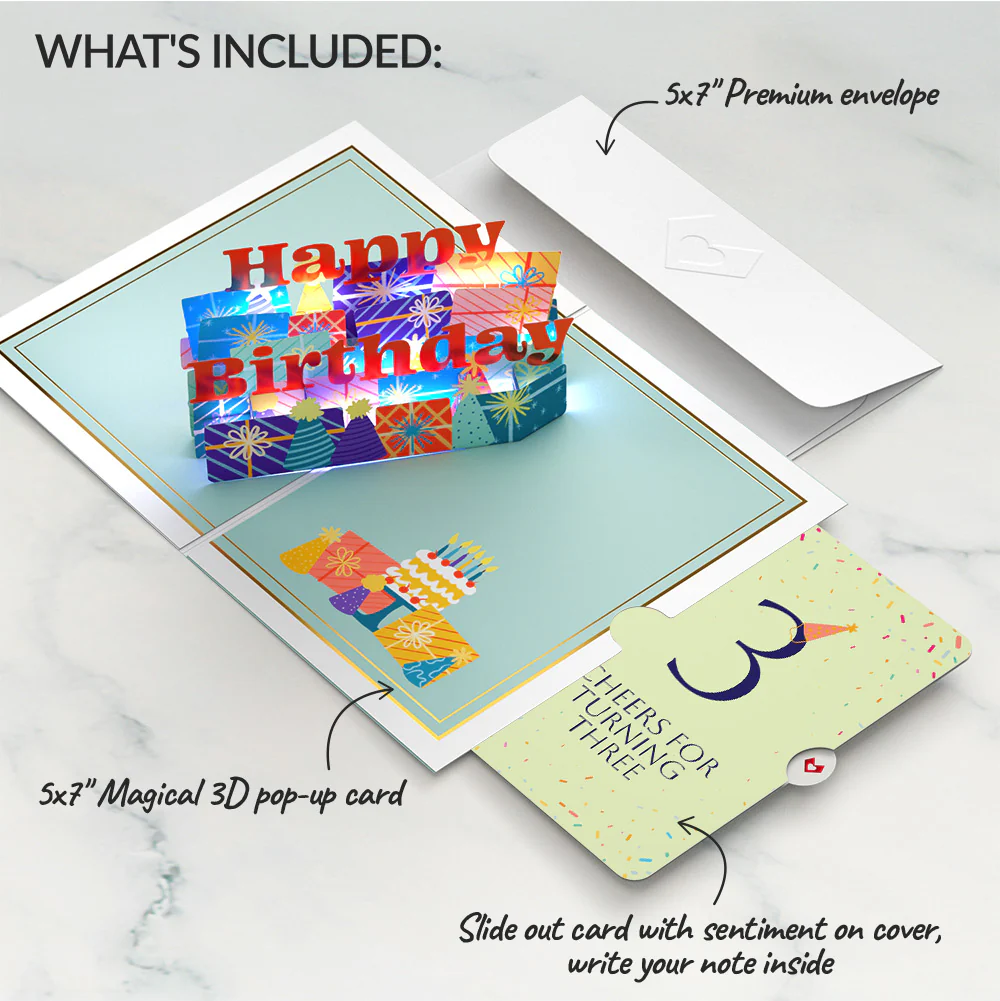 Wishing You a Happy 3rd Birthday Music and Lights Pop-Up Card and Party Hat Sentiment Set - Image 2