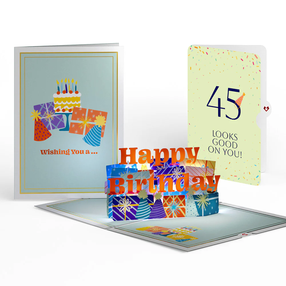 Wishing You a Happy 45th Birthday Music and Lights Pop-Up Card and Party Hat Sentiment Set