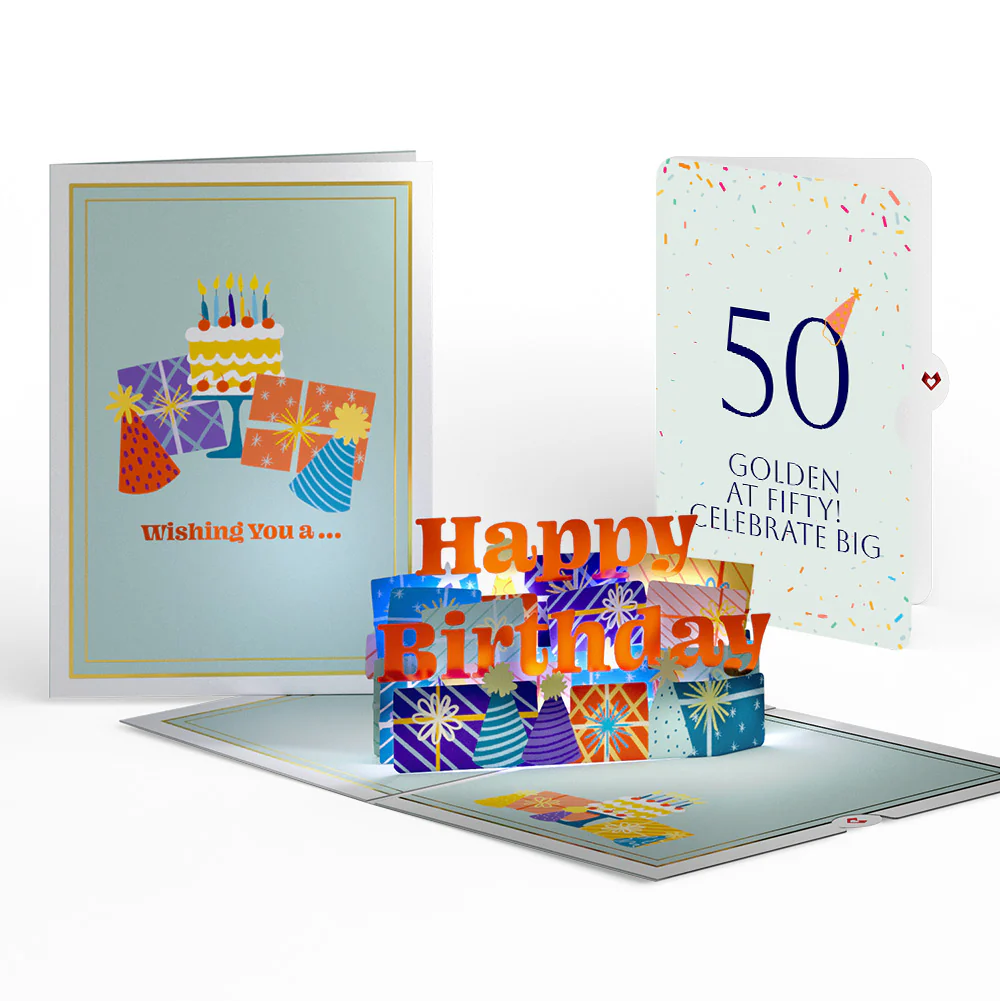 Wishing You a Happy 50th Birthday Music and Lights Pop-Up Card and Party Hat Sentiment Set