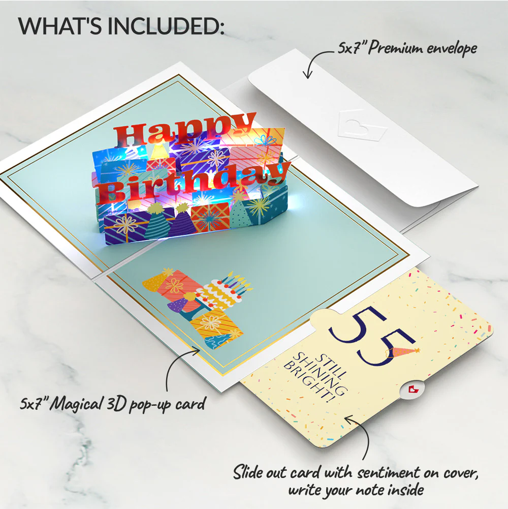 Wishing You a Happy 55th Birthday Music and Lights Pop-Up Card and Party Hat Sentiment Set - Image 2