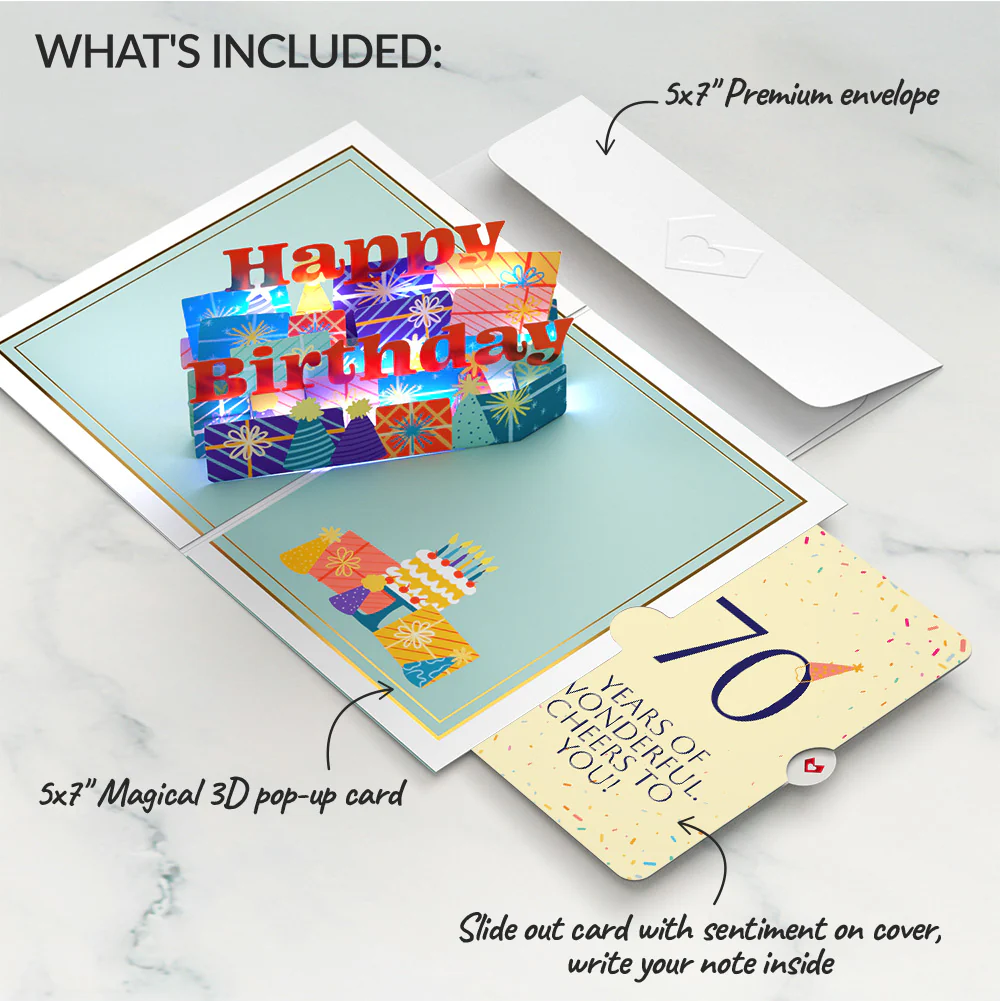 Wishing You a Happy 70th Birthday Music and Lights Pop-Up Card and Party Hat Sentiment Set - Image 2