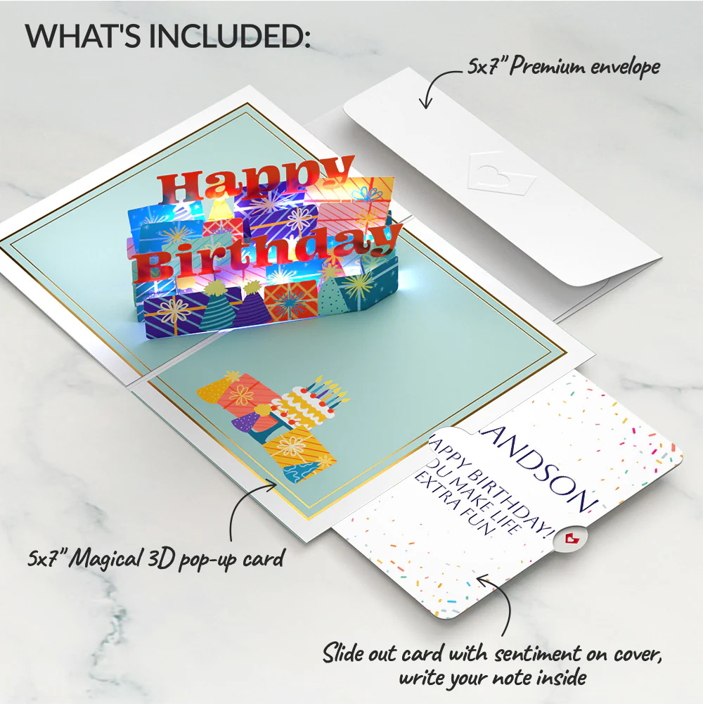 Wishing You a Happy Birthday Music and Lights Pop-Up Card and Sentiment Set for Grandson - Image 2