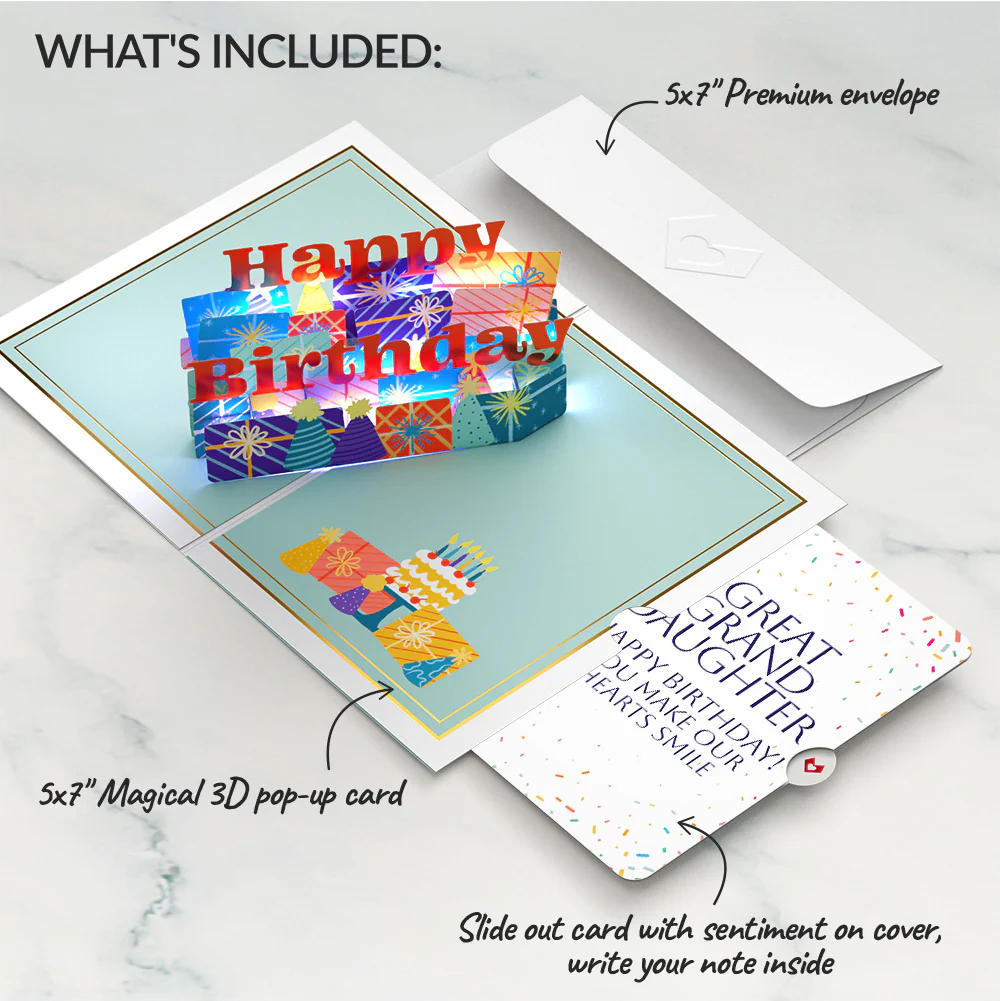 Wishing You a Happy Birthday Music and Lights Pop-Up Card and Sentiment Set for Great Granddaughter - Image 2