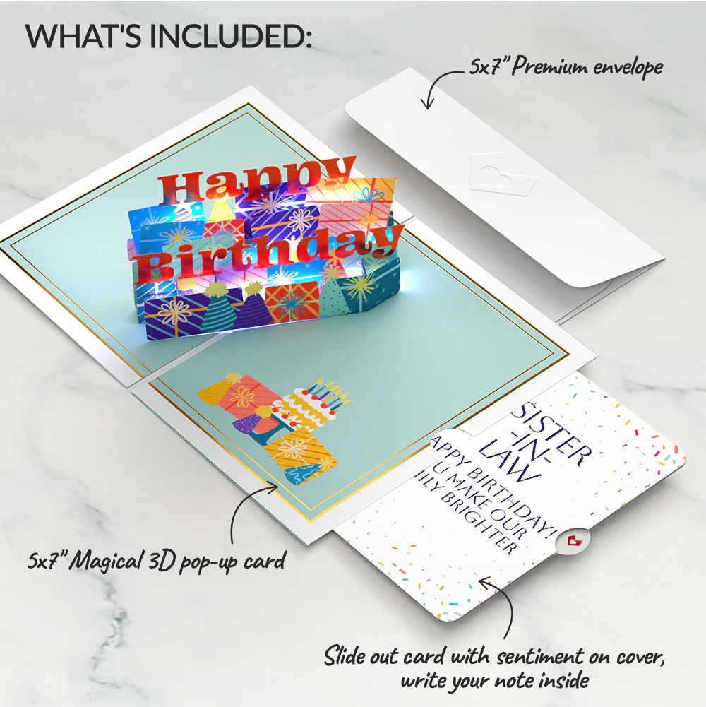 Wishing You a Happy Birthday Music and Lights Pop-Up Card and Sentiment Set for Sister-in-law - Image 2