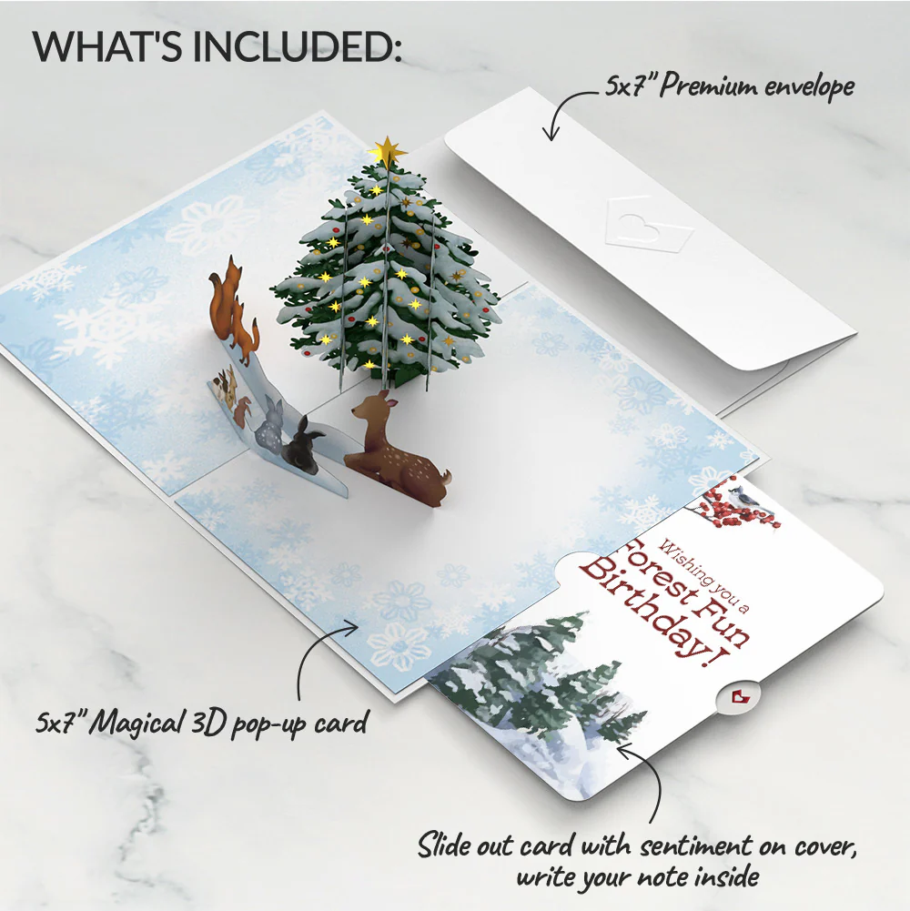 Woodland White Christmas Birthday Pop-Up Card and Forest Fun Sentiment Set - Image 2